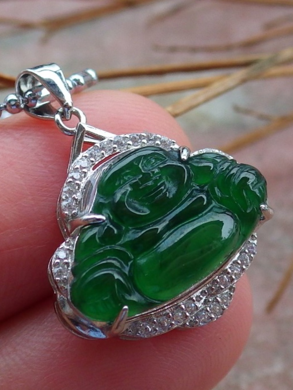 Sterling Silver 925 Natural A Hand Carved Jade Jadeite Icy Green Buddha Pendant